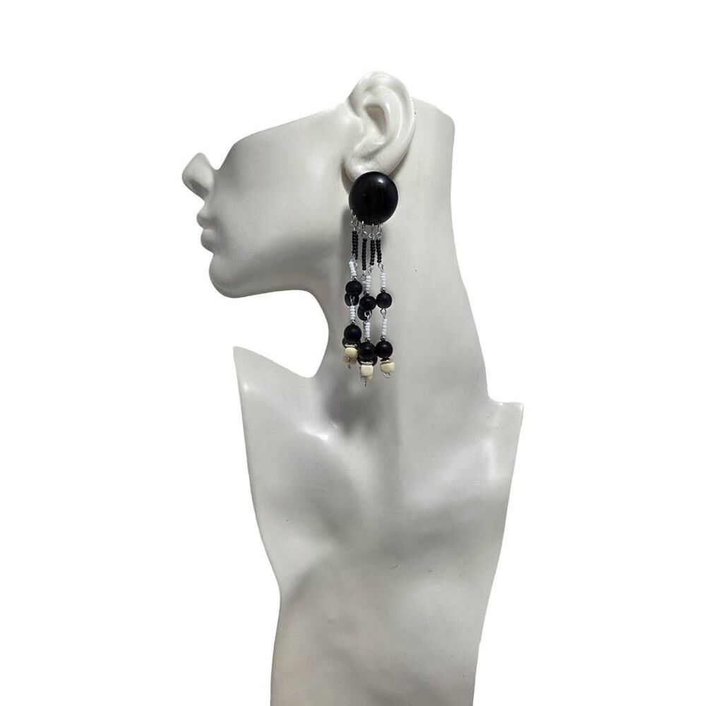 Vintage Black Beaded Fringe Clip-On Statement Dangle Earrings